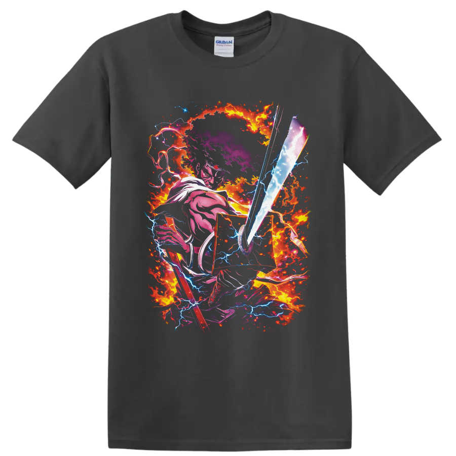 Mononoke Medicine Seller with glowing spirit sword, fire, and lightning anime art on a Charcoal T Shirt