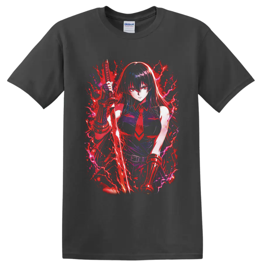 Esdeath Akame ga Kill anime warrior with katana, crimson splatter, and purple lightning on a Charcoal T Shirt