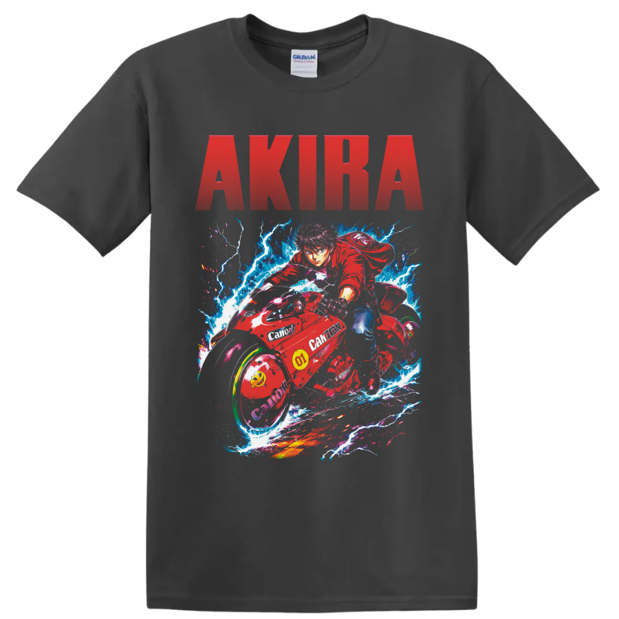 Shotaro Kaneda on red motorcycle with lightning and AKIRA text in neon anime art on a Charcoal T Shirt