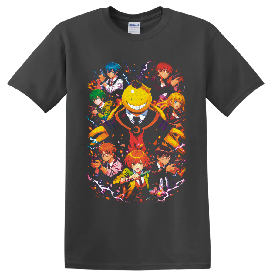 Koro-sensei and Class 3-E anime action collage with lightning and fiery splashes on a Charcoal T Shirt