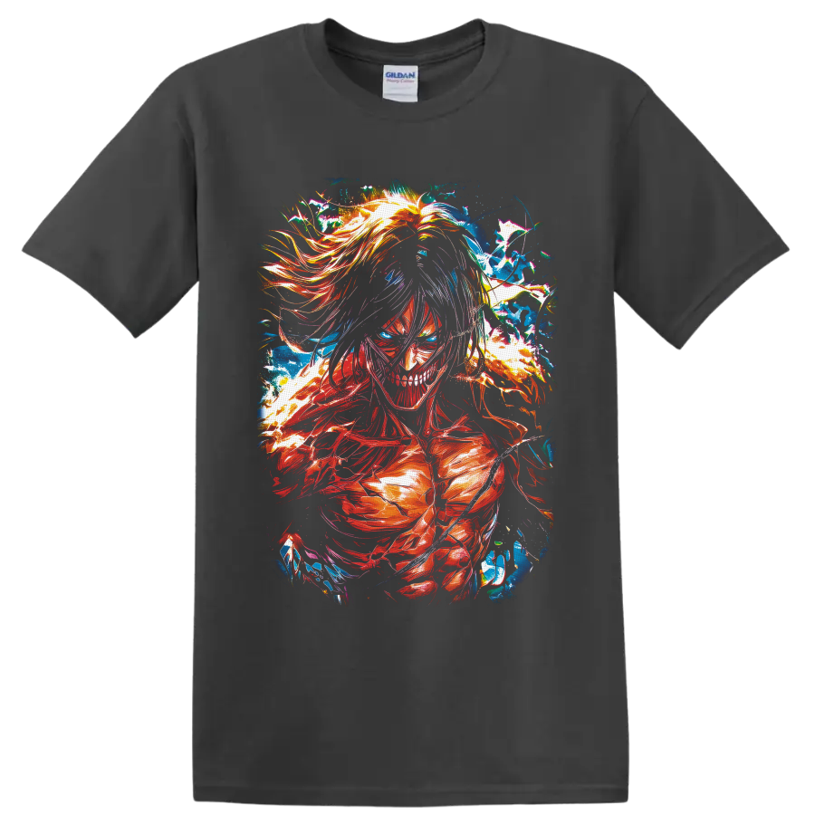 Eren Yeager Attack Titan in vivid red-orange and blue color-burst anime art on a Charcoal T Shirt