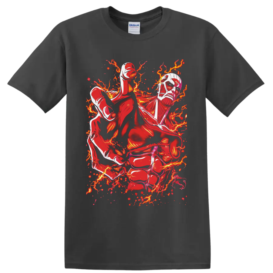 Colossal Titan Attack on Titan manga art with red lightning and fiery sparks on a Charcoal T Shirt