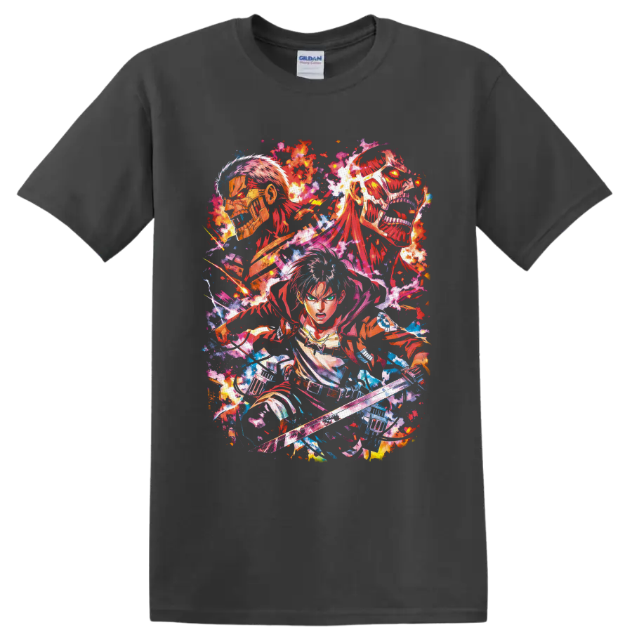 Eren Yeager with Armored and Colossal Titans in vivid splatter-paint anime art on a Charcoal T Shirt