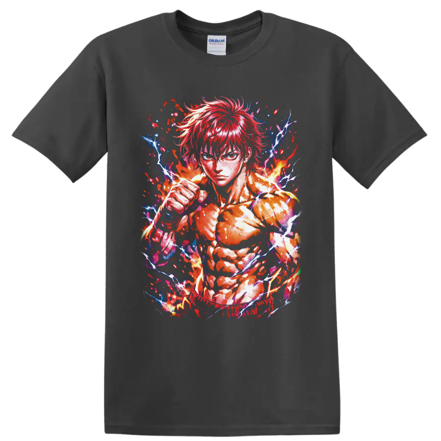 Baki Hanma anime fighter with raised fist, fire, and crackling lightning art on a Charcoal T Shirt
