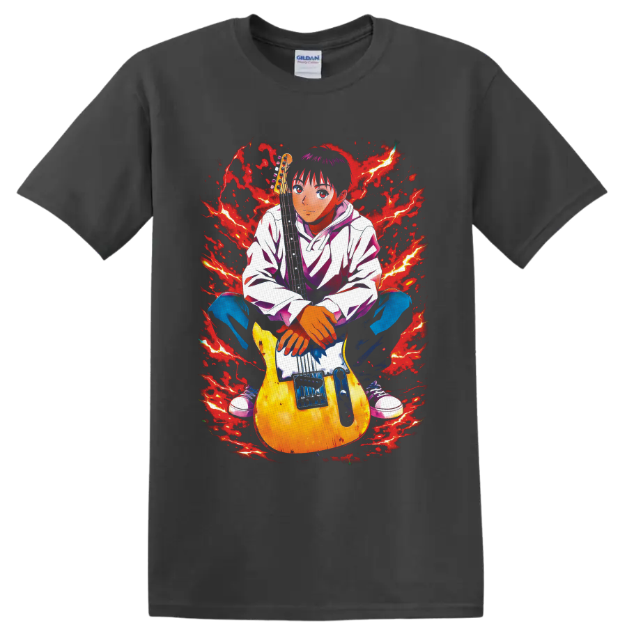 Yukio Tanaka Koyuki with electric guitar in red lightning anime rock art on a Charcoal T Shirt