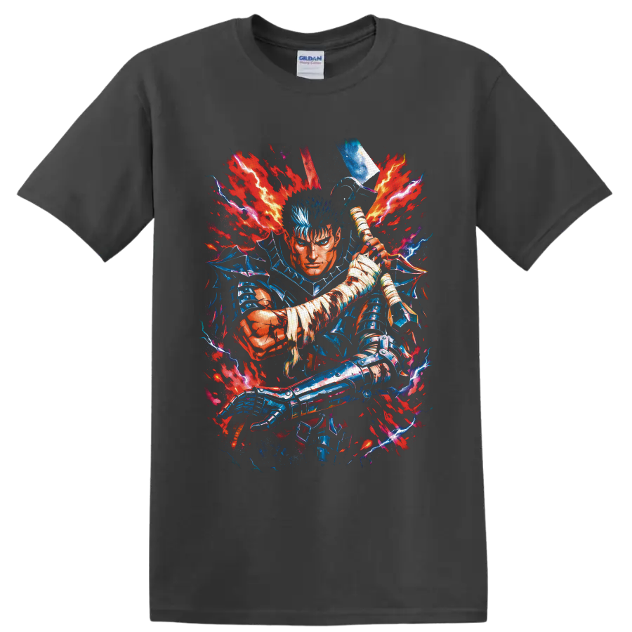 Guts Berserk Flame Dragon Knight swordfighter with red flames and blue lightning on a Charcoal T Shirt