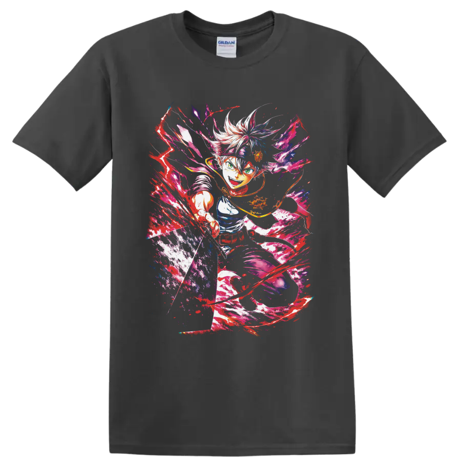 Asta Black Clover anti-magic battle anime art with neon paint splashes on a Charcoal T Shirt