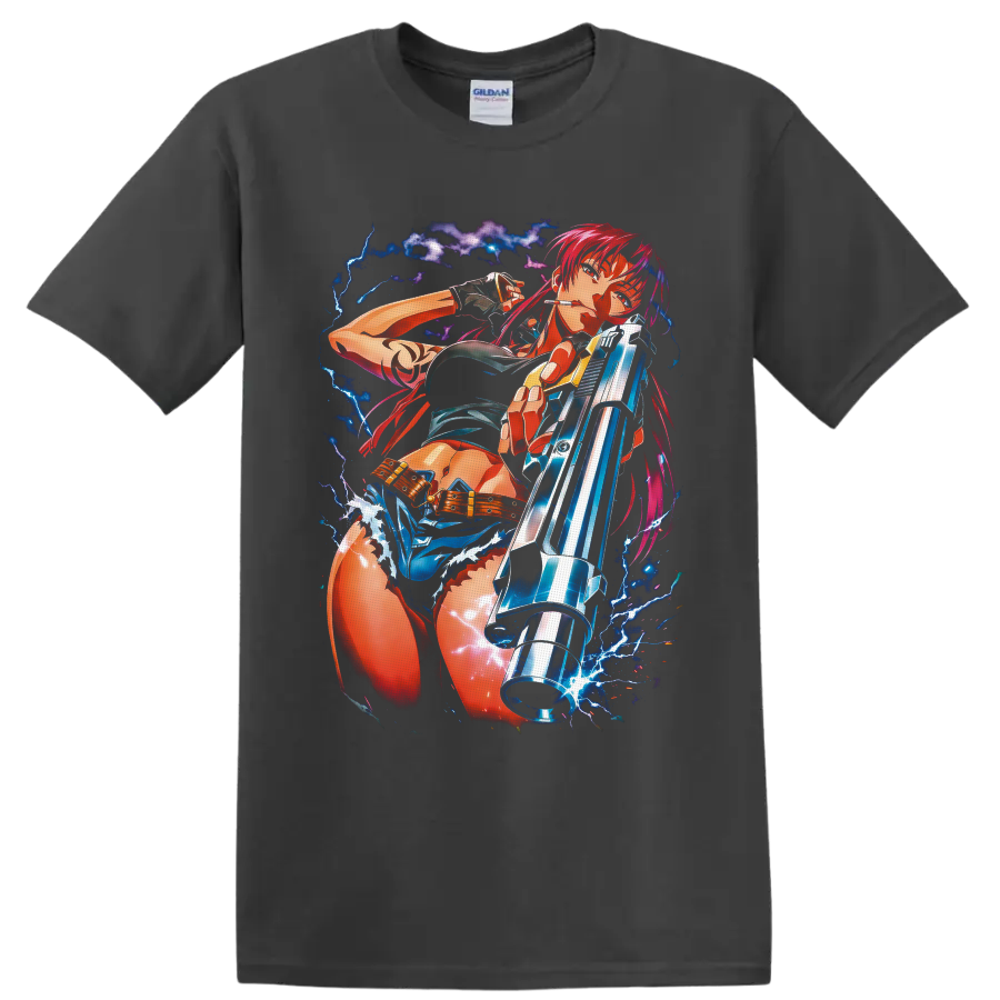 Revy from Black Lagoon in vivid anime gunfighter art with blue lightning on a Charcoal T Shirt