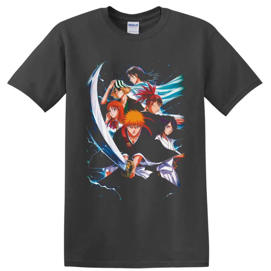Bleach character group anime art with Ichigo Kurosaki, sword, and blue energy on a Charcoal T Shirt