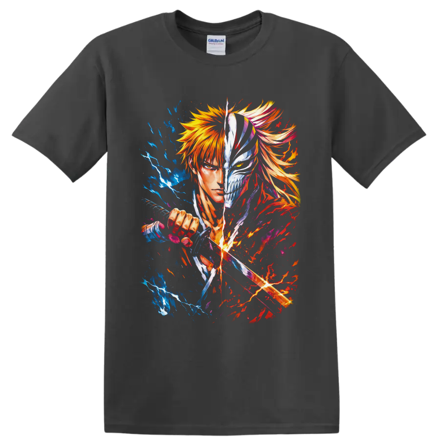 Ichigo Kurosaki split Hollow mask anime art with sword slash and blue fiery energy on a Charcoal T Shirt