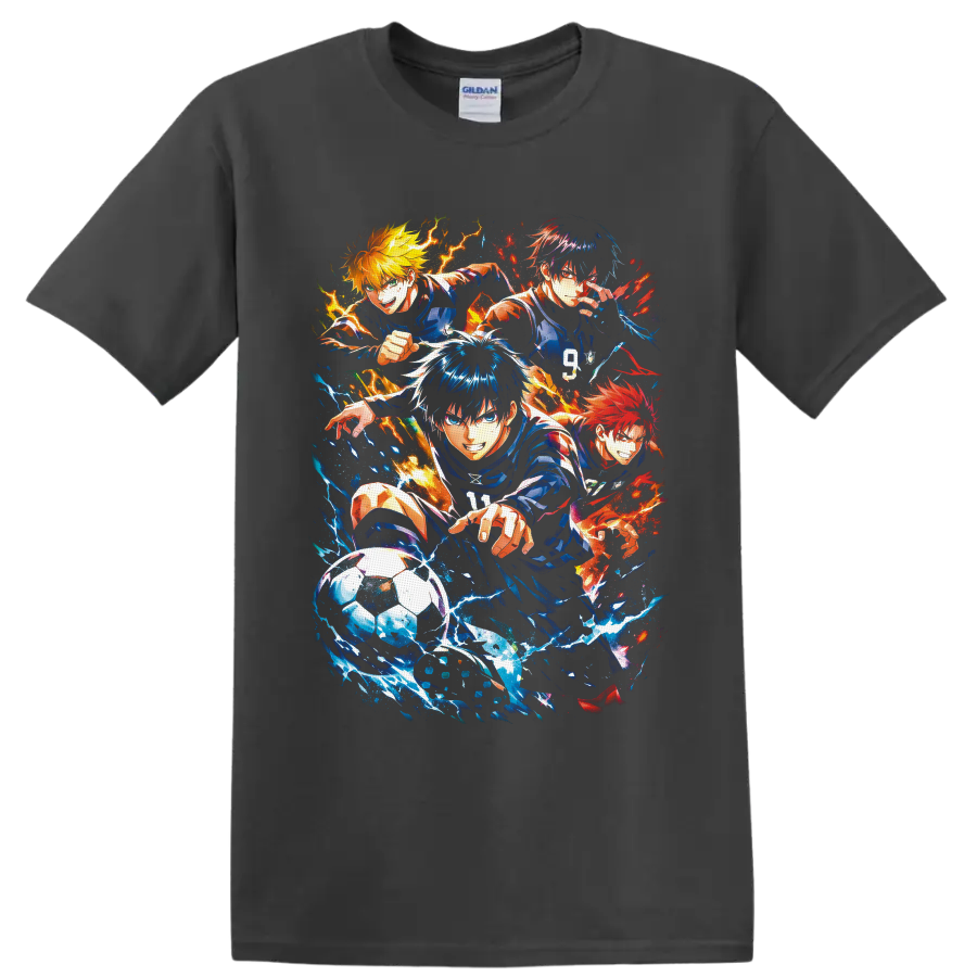 Satoru Gojo and Blue Lock anime soccer players in explosive blue and orange splatter art on a Charcoal T Shirt