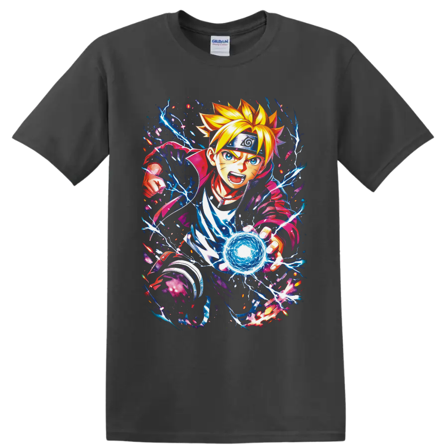 Boruto Uzumaki anime art charging a blue lightning energy orb on a Charcoal T Shirt