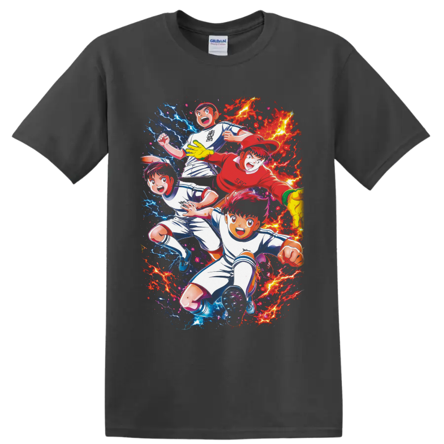 Captain Tsubasa soccer anime players with red flames and blue lightning on a Charcoal T Shirt