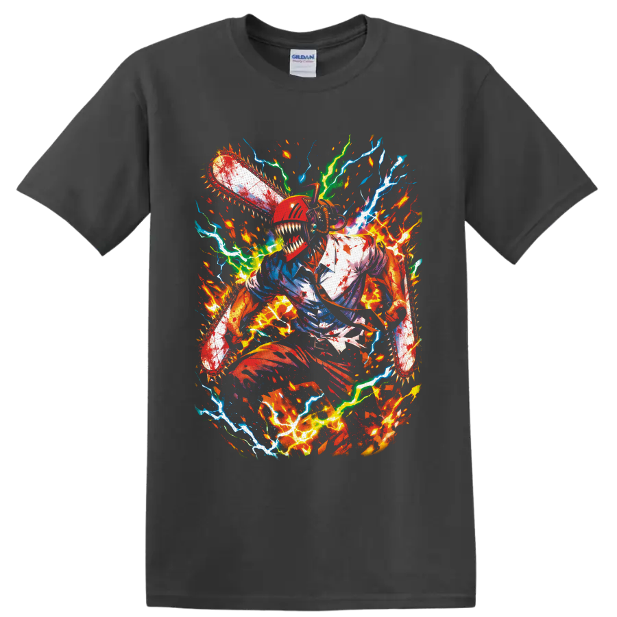 Denji Chainsaw Man chainsaw transformation with fiery splatter and electric anime art on a Charcoal T Shirt