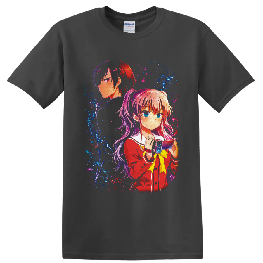 Nao Tomori and Yuu Otosaka anime art with camera and electric cosmic effects on a Charcoal T Shirt