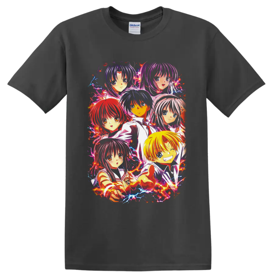 Full Moon wo Sagashite character group anime art with colorful electric lightning on a Charcoal T Shirt