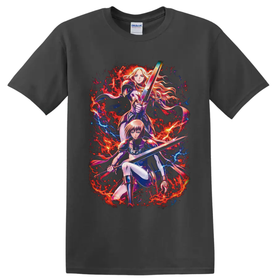 Clarice and Miata sword warrior anime art with fiery lightning battle effects on a Charcoal T Shirt