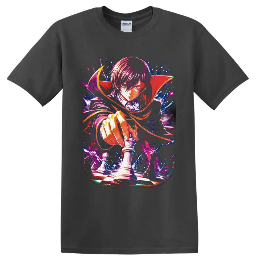 Lelouch Lamperouge chess king anime art with crimson cape and electric checkerboard on a Charcoal T Shirt