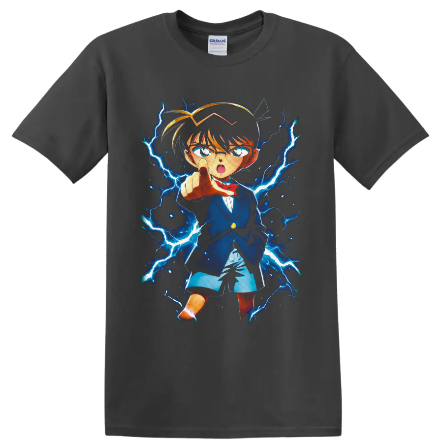 Conan Edogawa anime detective pointing amid electric-blue lightning on a Charcoal T Shirt