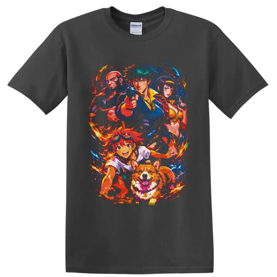 Cowboy Bebop crew anime art with Spike, Jet, Faye, Edward, Ein, flames and blue energy on a Charcoal T Shirt