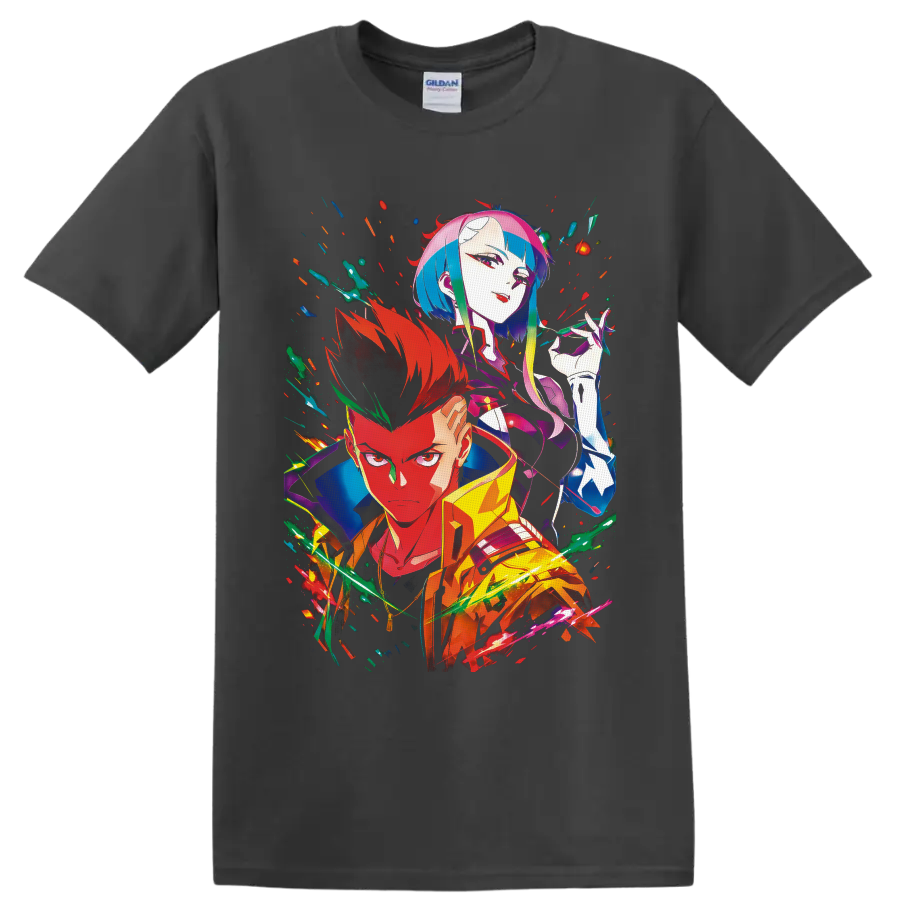 David Martinez and Lucy Kushinada in vivid neon cyberpunk anime character art on a Charcoal T Shirt