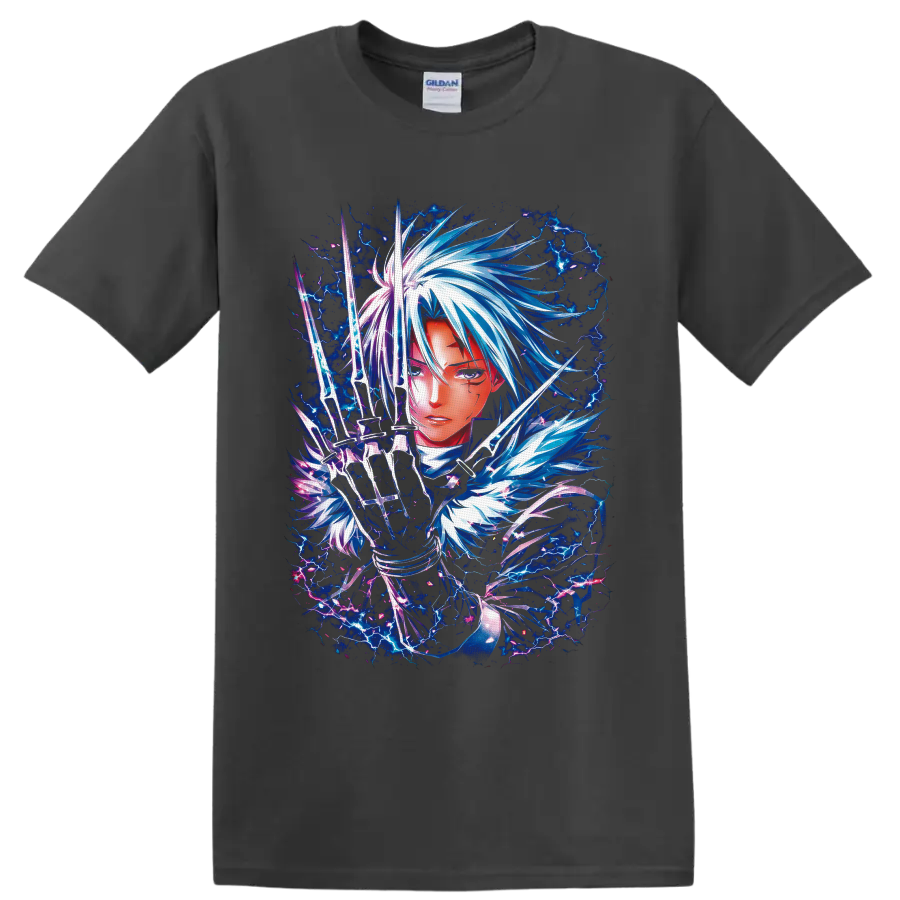 Allen Walker D.Gray-man anime art with glowing blades and electric blue lightning on a Charcoal T Shirt