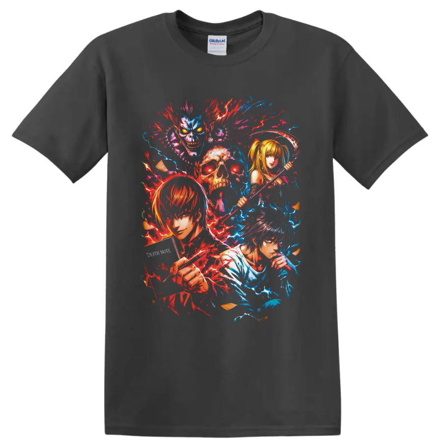 Death Note character collage with Light, L, Misa, Ryuk, skull, scythe, and splatter art on a Charcoal T Shirt