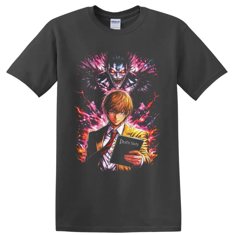 Light Yagami and Ryuk in neon manga art with a notebook and electric energy on a Charcoal T Shirt