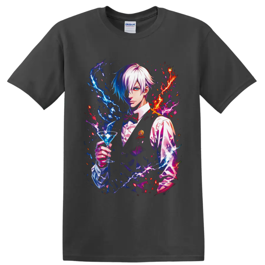 Decim Death Parade bartender holding a blue cocktail amid neon red and blue lightning on a Charcoal T Shirt