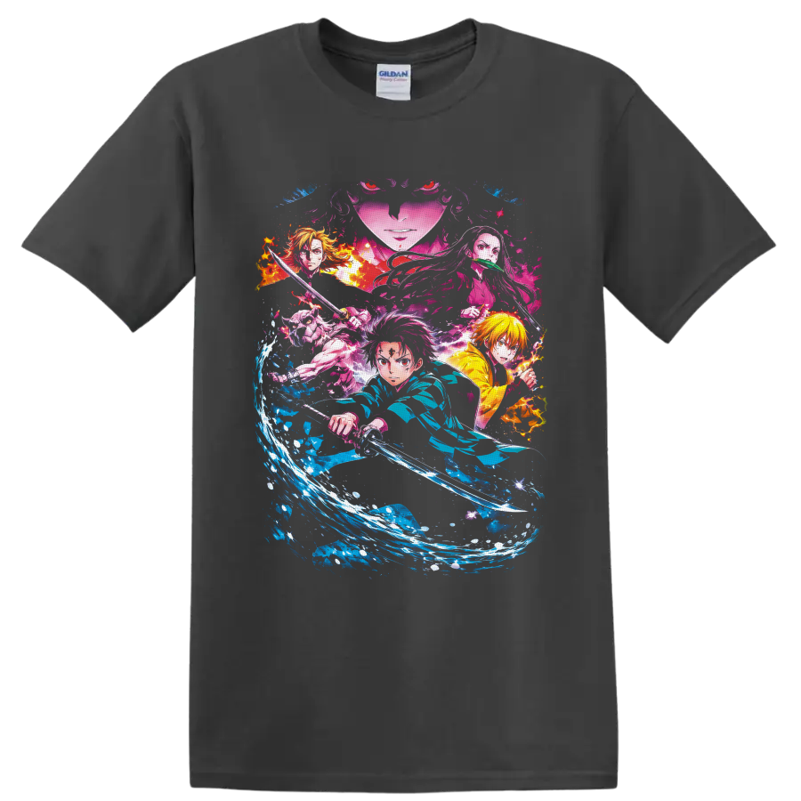 Demon Slayer collage with Tanjiro, Zenitsu, Inosuke, Nezuko, water and flame effects on a Charcoal T Shirt