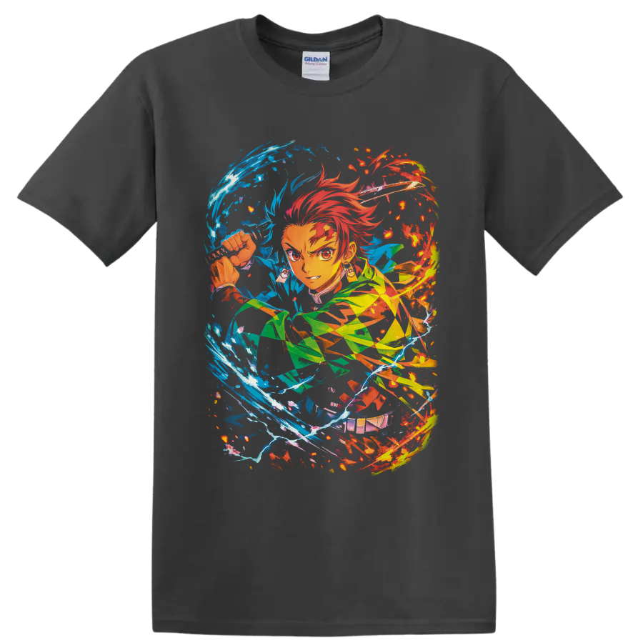 Tanjiro Kamado anime sword art with swirling blue water and red fire effects on a Charcoal T Shirt