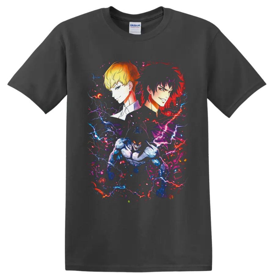 Ryo Asuka, Akira Fudo, and Devilman in neon lightning anime art on a Charcoal T Shirt