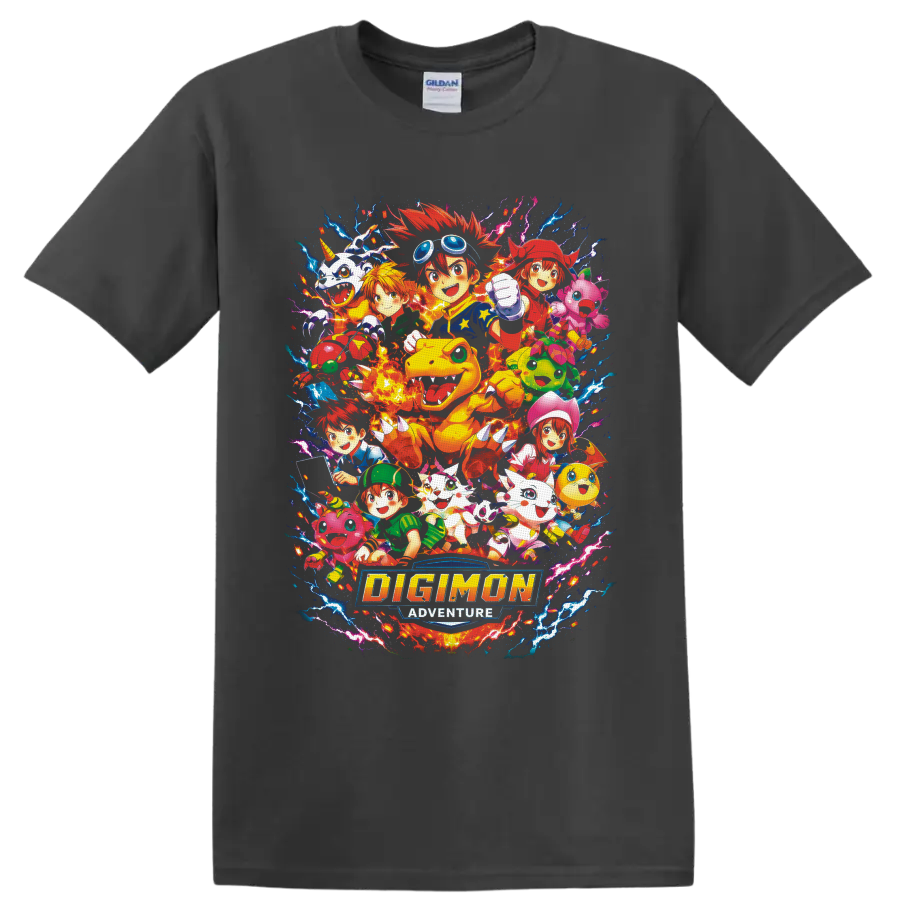 Digimon Adventure Agumon and DigiDestined anime collage with lightning and logo on a Charcoal T Shirt