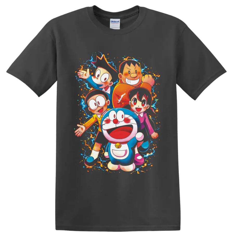 Doraemon and friends in vivid anime art with electric lightning and fiery sparks on a Charcoal T Shirt