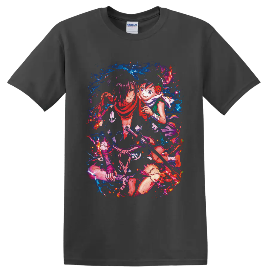 Gabimaru and Yui anime sword art with blue lightning and fiery red energy on a Charcoal T Shirt