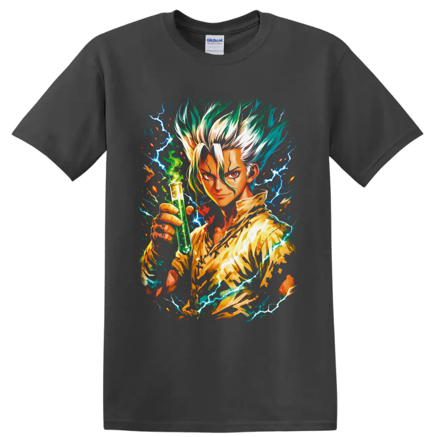 Senku Ishigami anime art holding a green test tube amid blue lightning on a Charcoal T Shirt