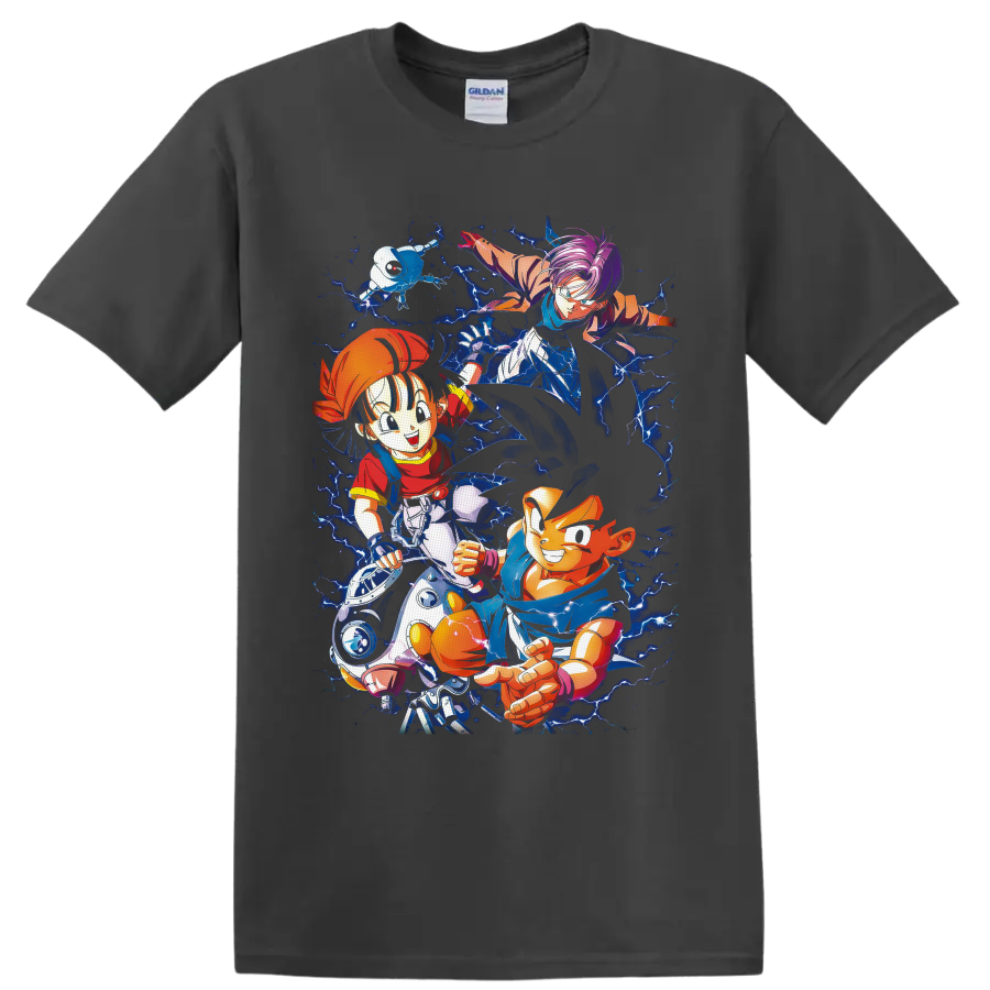 Goku, Pan and Trunks Dragon Ball GT anime art with electric blue lightning on a Charcoal T Shirt