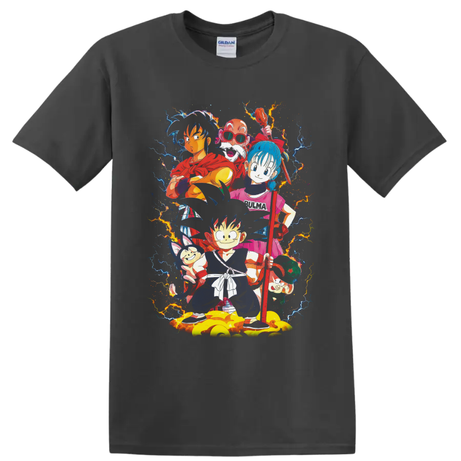 Dragon Ball Goku, Bulma, Yamcha and friends in vibrant lightning anime art on a Charcoal T Shirt