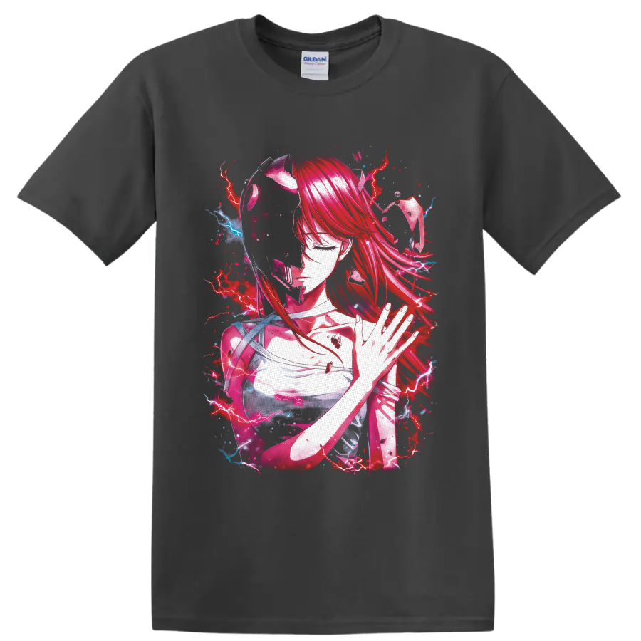 Elfen Lied Lucy anime artwork with red hair, horns, pink ribbons, and lightning on a Charcoal T Shirt