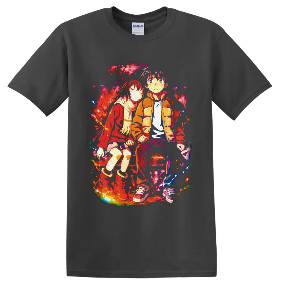 Satoru Fujinuma and Kayo Hinazuki in colorful Erased anime art with lightning on a Charcoal T Shirt