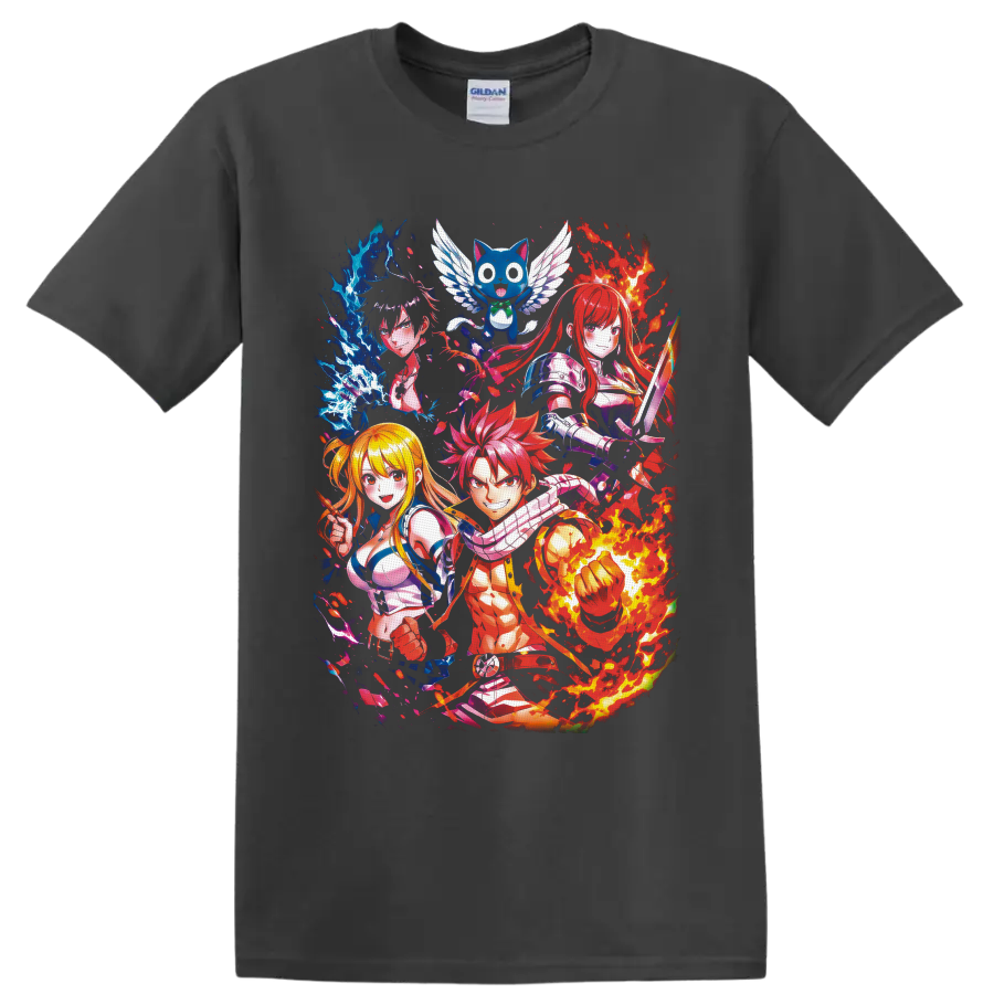 Fairy Tail characters Natsu, Lucy, Erza, Gray, and Happy in fire and ice anime art on a Charcoal T Shirt