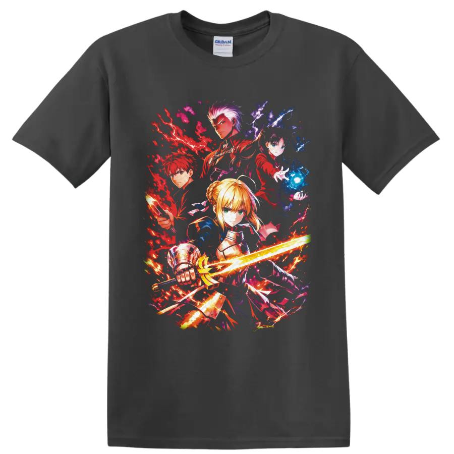 Fate/stay night Saber, Rin, Archer and Shirou action collage with sword and magic on a Charcoal T Shirt