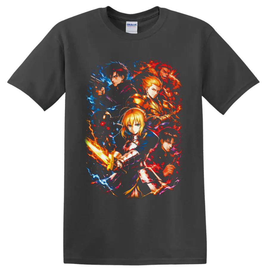 Fate/Zero Saber, Kiritsugu, Rider, Gilgamesh and Kirei anime lightning collage on a Charcoal T Shirt