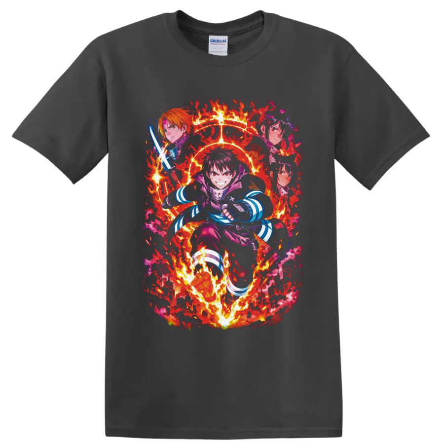 Shinra Kusakabe Fire Force anime action graphic with flames and burning city on a Charcoal T Shirt