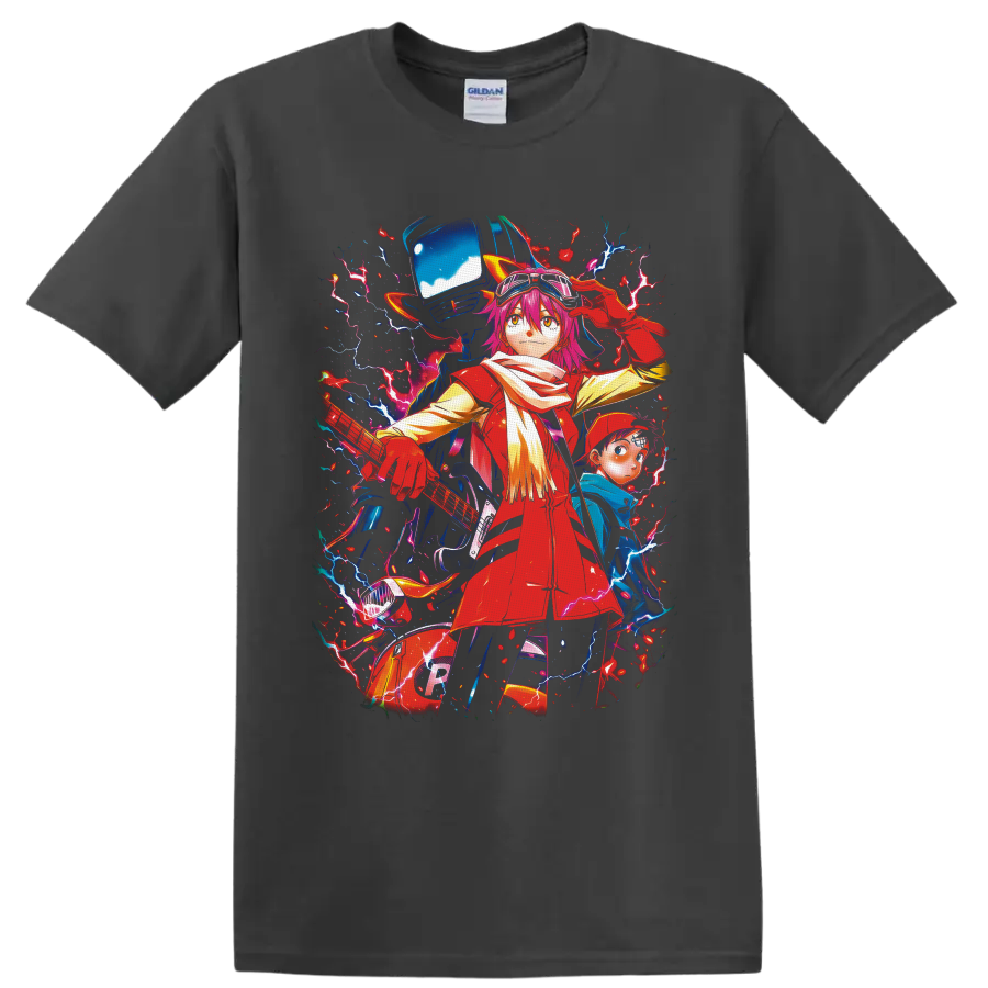 Haruko Haruhara with Naota and Canti in a neon lightning FLCL anime graphic on a Charcoal T Shirt