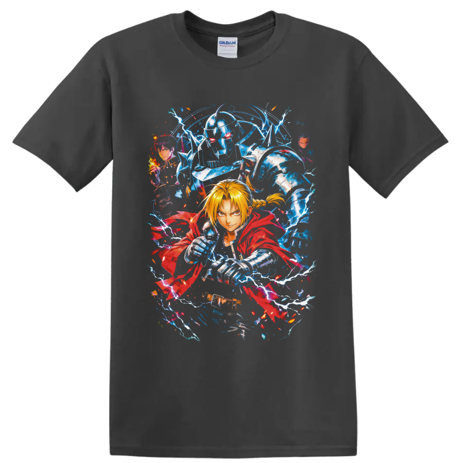 Edward Elric, Alphonse Elric, and Roy Mustang anime art with lightning and flames on a Charcoal T Shirt