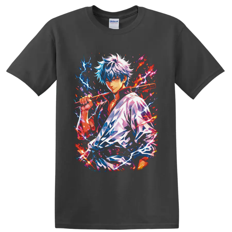 Gintoki Sakata anime portrait with wooden sword, lightning, flames, and cosmic splatter on a Charcoal T Shirt