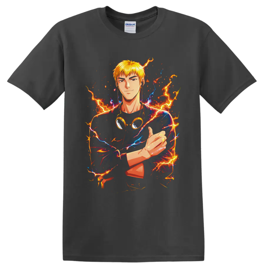 Eikichi Onizuka anime portrait with goggles, fiery lightning, and electric blue energy on a Charcoal T Shirt