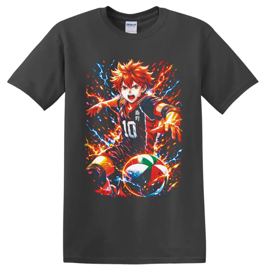 Shoyo Hinata Haikyu!! volleyball anime art with fiery lightning effects on a Charcoal T Shirt