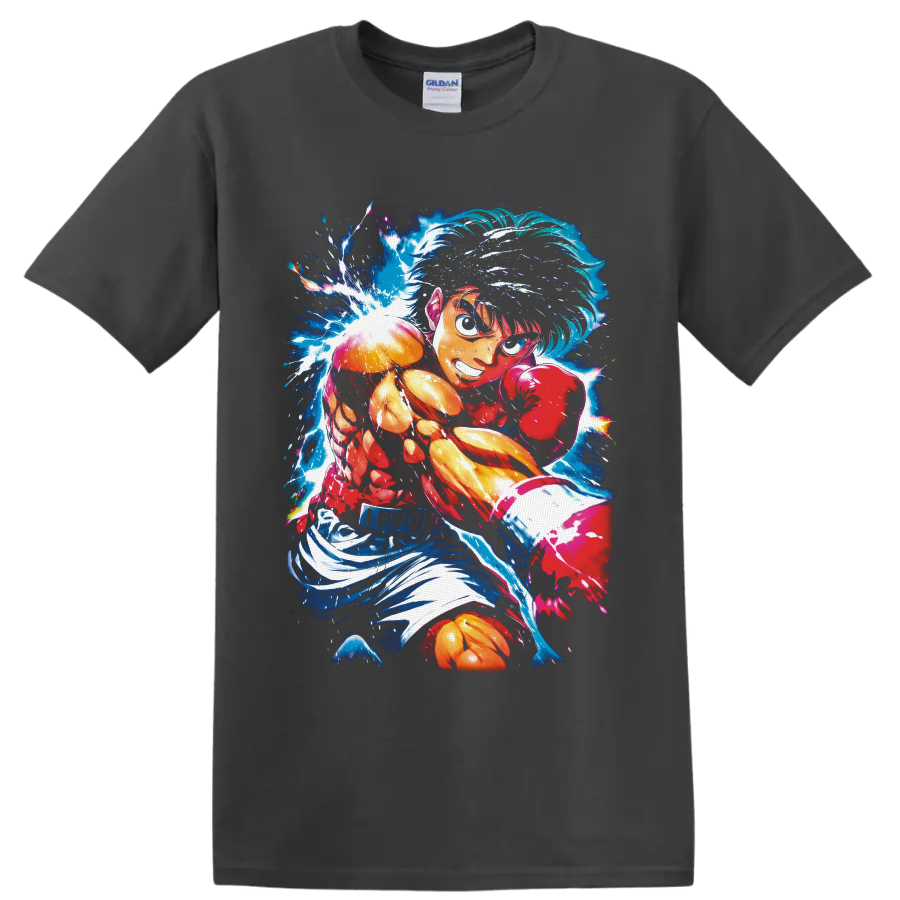 Ippo Makunouchi boxing punch in electric blue and fiery anime action art on a Charcoal T Shirt